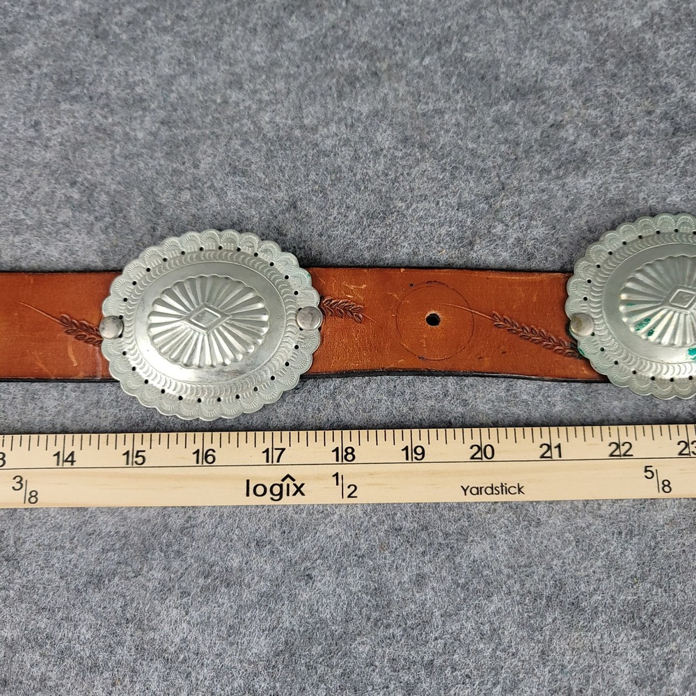 Vintage Western Leather Concho Belt Tan Tooled Floral Southwest Silver Tone 35in - Picture 6 of 10